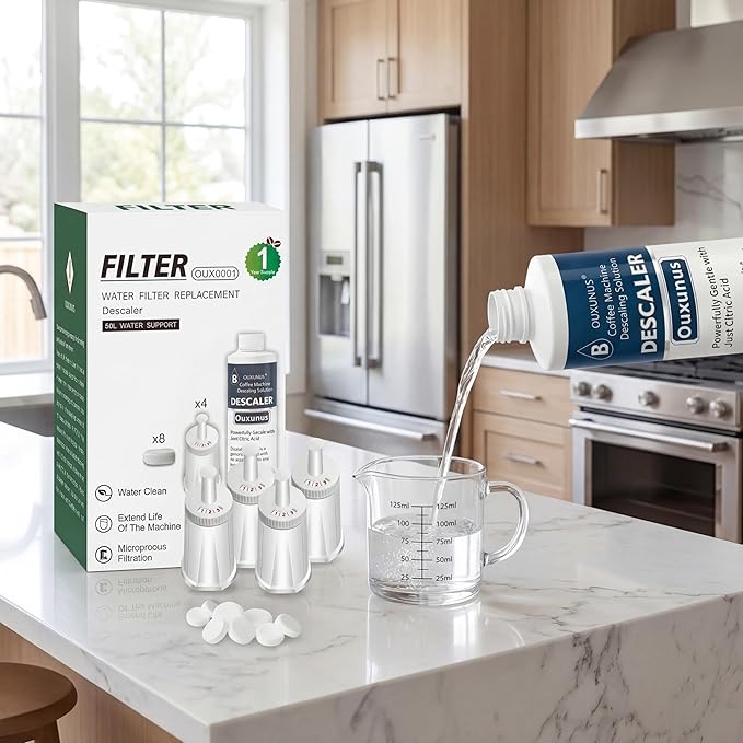 4-Pack Water Filter & 16.9 fl oz Descaler Kit, Compatible with Breville Barista Touch BES880, Barista Pro BES878, Oracle BES980 & More Espresso Machines, 4-Use Descaling Solution (4)