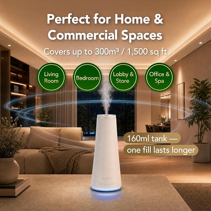 Waterless Essential Oil Diffuser for Home & Commercial Spaces, Smart App & Remote Control Cold-Air Nebulizing Diffuser, 160ml, Covers up to 1,500 sq ft, 8/12/24H Timer, Quiet 38dB