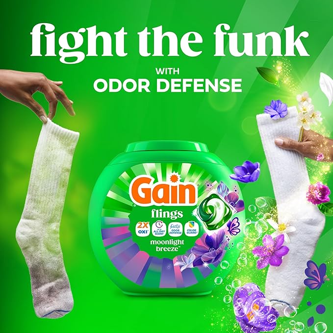 Gain Flings Laundry Detergent Pods Odor Defense + Color Guard, Moonlight Breeze Scent, 3 in 1 HE Detergent Pacs with Oxi Boost and Febreeze, 112 Count (Packaging May Vary)