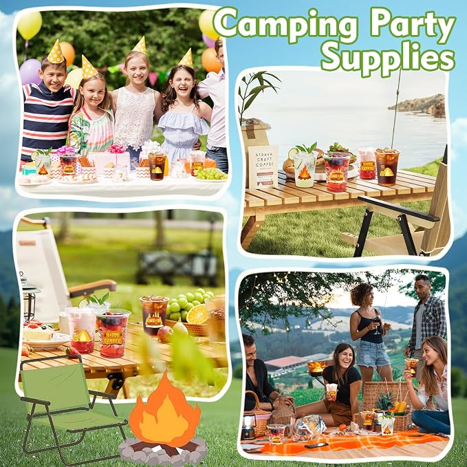 100Pcs Camping Plastic Party Cups, 12oz Camping Disposable Clear Cups for Outdoor Parties, Picnics, BBQ, Birthday, RV Trips Party Decorations (2 Styles)