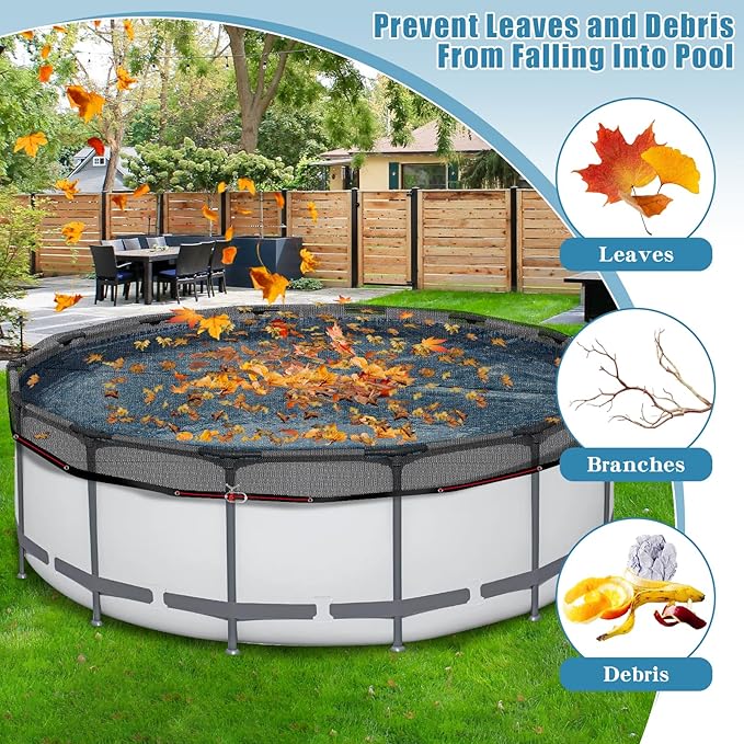 28 FT Pool Leaf Net Cover for Above Ground Pools, Ultra-Fine 0.15’’ Mesh Pool Cover with Winch & Cable, Pool Leaf Cover Prevents Leaves and Debris from Entering Pool