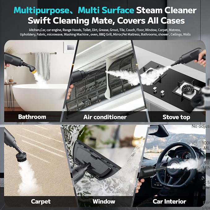 Pressurized Steam Cleaner, 54oz Large Tank, Portable Steamer for Cleaning with 15-Piece Kit, 15s Fast Heat-Up, 3-Level Control, Handheld Steam Cleaner for Home, Car, Kitchen (White)