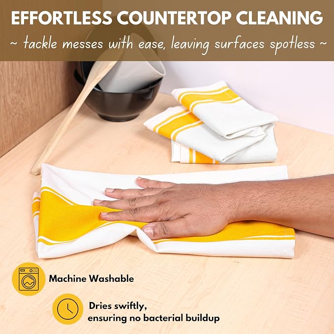 Native Fab Yellow Striped Kitchen Towels 18"x28", Set of 6, Wide Stripe, Highly Absorbent, Fast Dry, 100% Cotton Towels for Hand Drying, Counter Cleaning, Glassware & Dish Drying, Wash Rags - Yellow