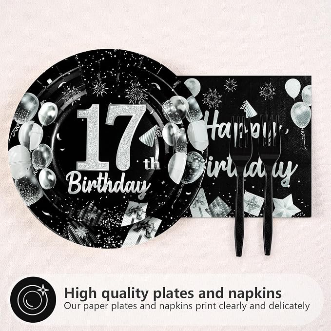 96Pcs 17th Black and Silver Birthday Party Supplies Cheers to 17 Years Plates and Napkins Disposable Happy 17th Birthday Tableware Set for 17 Years Old Graduation Party Serves 24