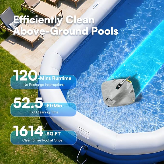 PoolMr Cordless Robotic Pool Cleaner - Above Ground Pool Vacuum Robot - 40W Strong Suction, Dual Cleaning System, Barrier Crossing, 120-Min Runtime Up to 1614 Sq for Above Ground Pools,Off-White