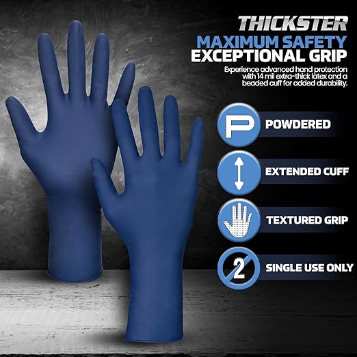 SAS Thickster Powdered Latex Disposable Gloves - 10 Boxes / 50 Ea. 500 Gloves Total. 14 Mil, Large, Blue. Fully Textured. 12" Length. Puncture Resistant
