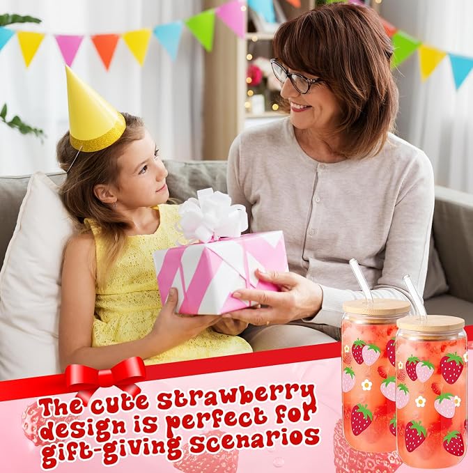 Sliner 2 Pcs Strawberry Glass Cups Summer Drinking Glasses 16 oz Iced Coffee Tumbler with Lid and Straw Summer Gifts Cups Home Office Decorations