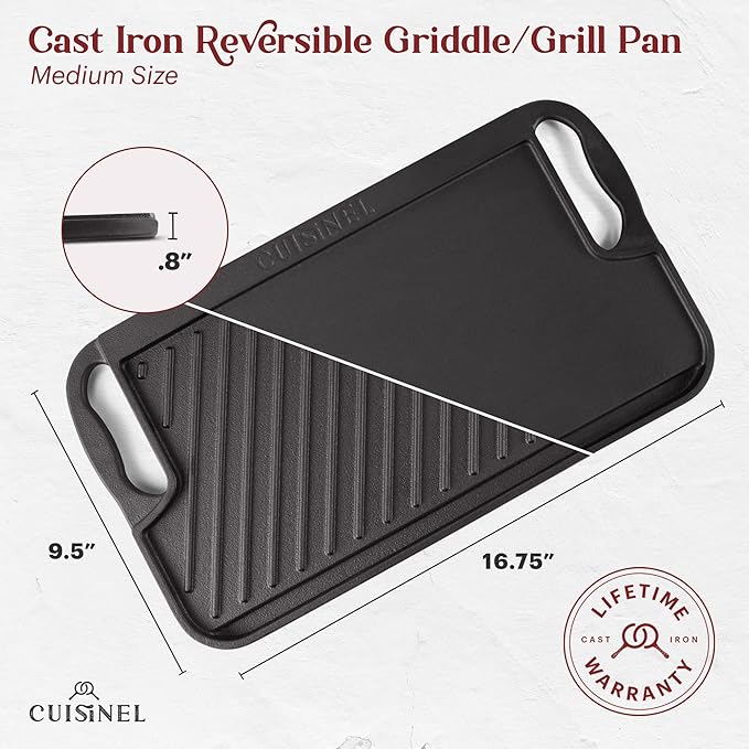 Cuisinel Cast Iron Griddle/Grill + Scraper/Cleaner - Reversible Pre-Seasoned 16.75" X 9.5"-inch Dual Handle Flat Skillet and Griller Pan - Works Indoor/Outdoor, Stove Burner, Gas, Fire