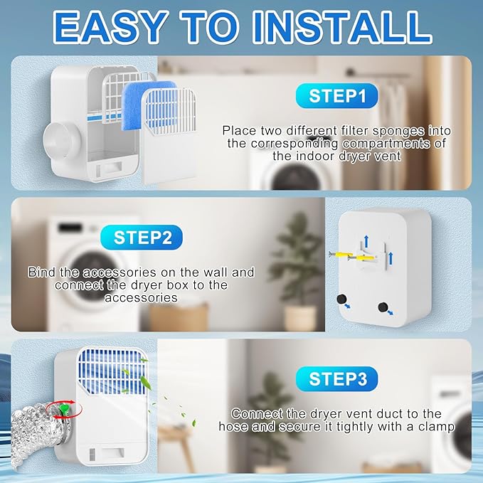 3-in-1 Indoor Dryer Vent Kit with 8-Layer Filter & 10FT Hose – Lint Trap Box with Water Drawer System, Easy Install for Electric Dryers, Improves Air Quality