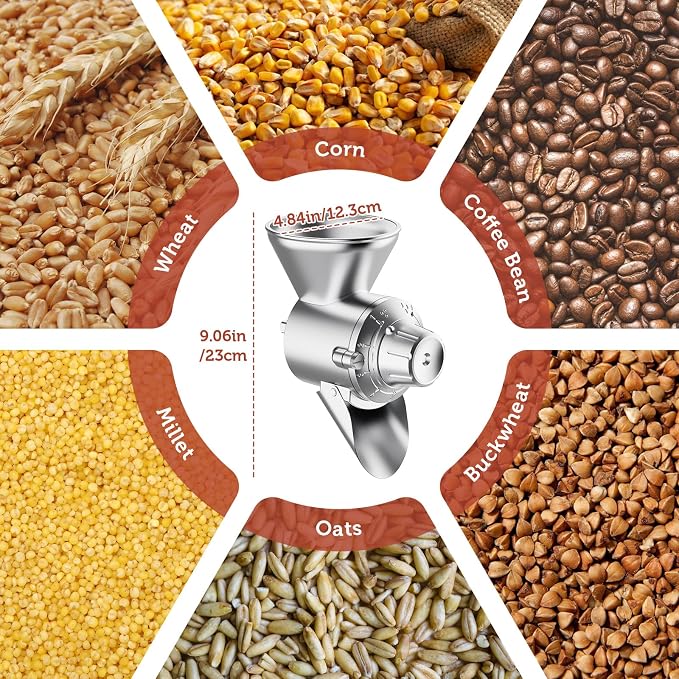 GVODE Grain Mill Attachment for Kitchenaid Stand Mixer, 9 Levels Flour Mill, Grain Mill for Flour, Fit for Non-Oily Dry Grain Corn, Coffee Bean Grinder, Oats, Millet, Wheat