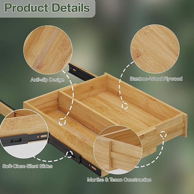 BAMEOS 2-Pack 14" to 20" Adjustable Width Soft Close Slide Out Bamboo Wood Drawer Organizer for Kitchen,Pantry, Bathroom & Under Sink, 2-Pack Wooden Storage, 21" Depth, 66 lbs Capacity