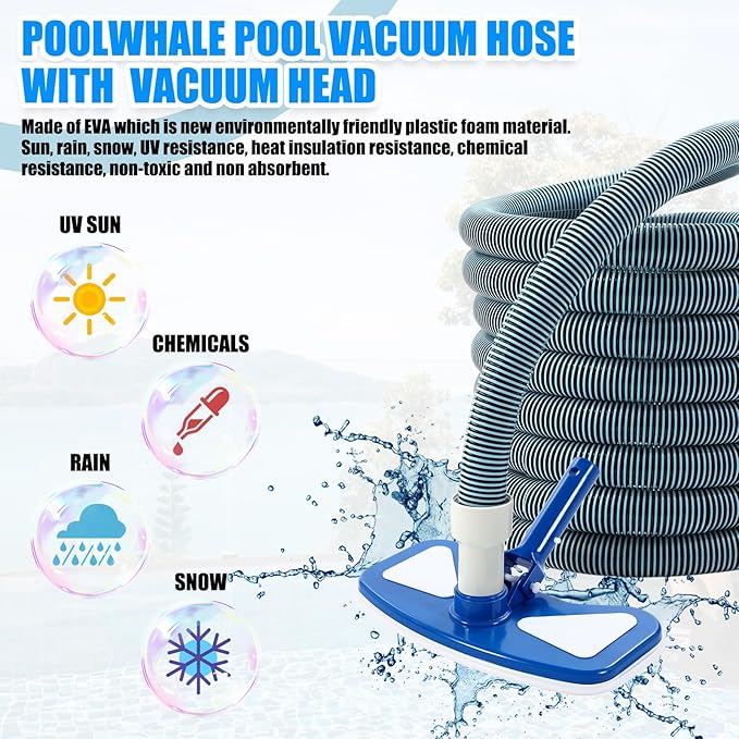 3 Pcs Pool Vacuum Kit Manual Vacuum Head with 1-1/2" x 18ft Long Hoses and Skimmer Net Flexible Head Wheels, Maintenance Accessory Tool for Above Ground Inground Pool Cleaning