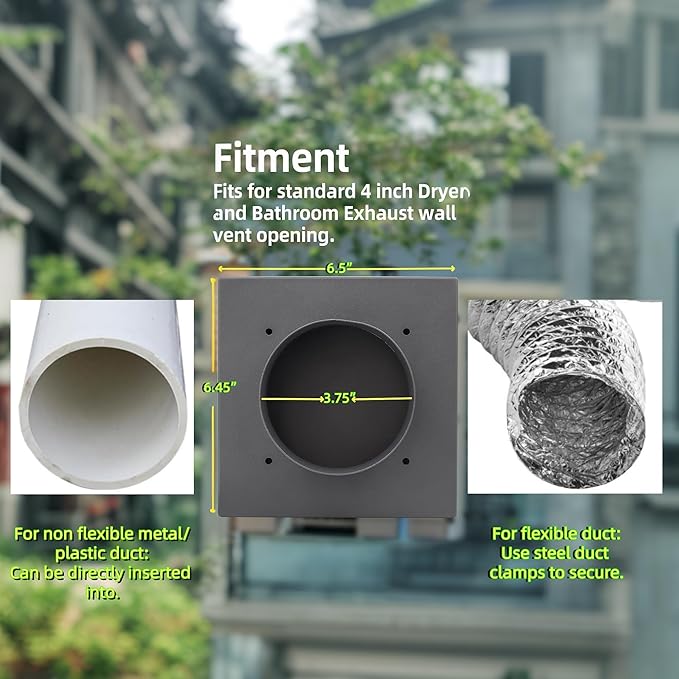Magnetic Dryer Vent Cover 4 Inch Wall Vent Cap, Low Profile Outdoor Dryer Vent Cover, Black Dryer Wall Vent with Dual Door Damper for Clothes Dryer Replacement Vents