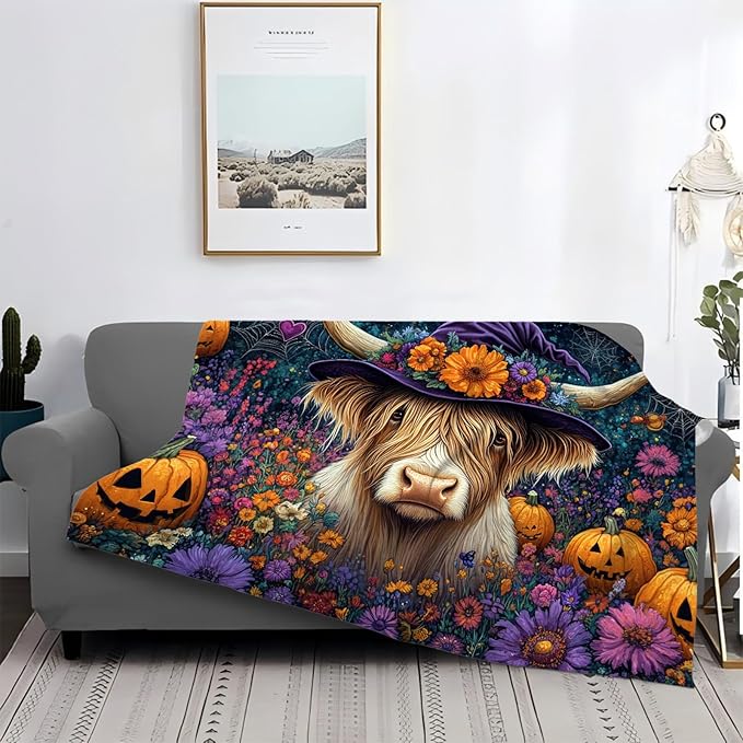 Tijuboni Highland Cow Pumpkin Throw Blanket for Girls Boys Women Men Kids Adults Soft Flannel Fleece Blanket for Couch Sofa Bed Home Decor 60"x80"