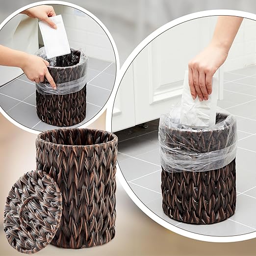 Ctosree 1.3 Gallons Small Trash Can with Lid Handle Boho Woven Braided Bathroom Waste Basket Trash Can with 100 Garbage Bags for Bedroom Office Laundry(Braided Polypropylene, Dark Brown)
