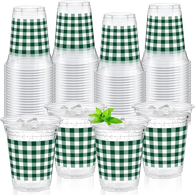 Qinyoung Checkered Plastic Cups 12oz Gingham Party Disposable Cups Bulk Drinking Cup for Cold Drinks Baby Shower Wedding Summer Birthday Party Supplies(Dark Green and White,50 Pcs)