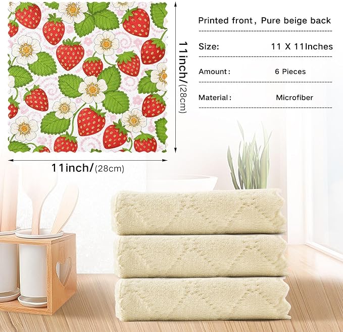 JIPONI 6 Pack Kitchen Dishcloth, Strawberry Daisy Absorbent Dish Towels Reusable Soft Cleaning Cloths 11 x 11 inch