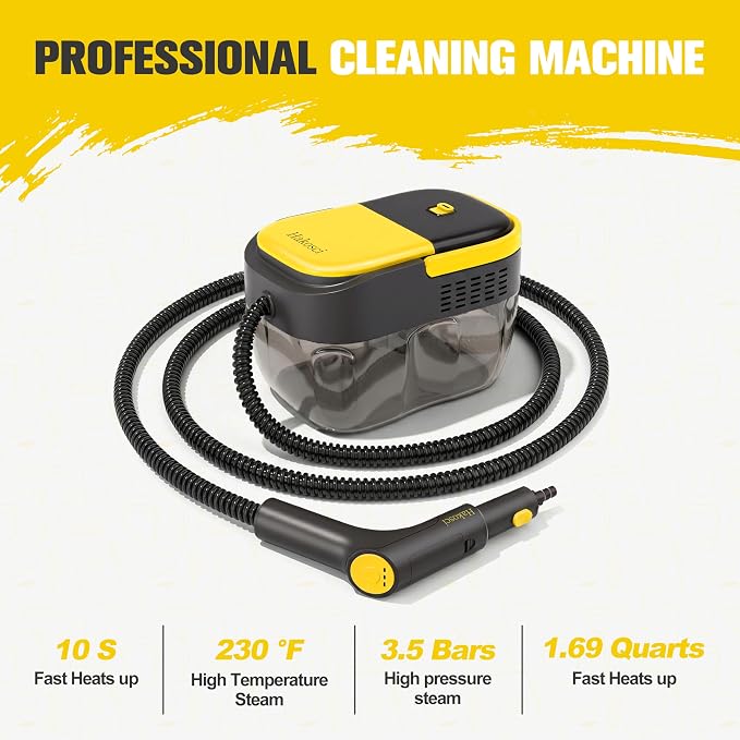 1500W Portable Steam Cleaner,10s Heat-Up,3-Level Adjustable Handle, 1.69 Quarts Large Tank,11 Pcs Accessories, Steamer for Home Dirt, Grout, Floor, Grease,and Car Detailing, Black-Yellow