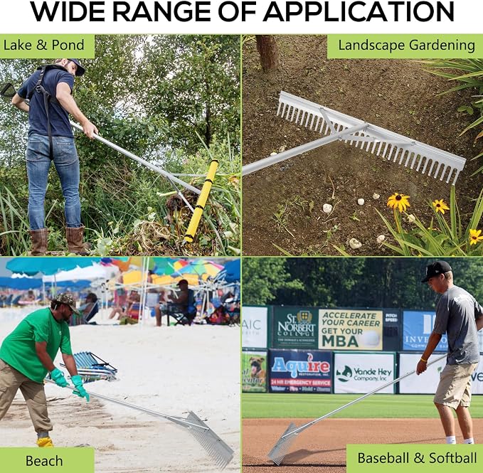 Floating Lake Rake, 36" Aluminum All Purpose Lake and Landscape Rake with 102'' Extension Handle and 52Ft Rope, Weed & Algae Removal, Yellow