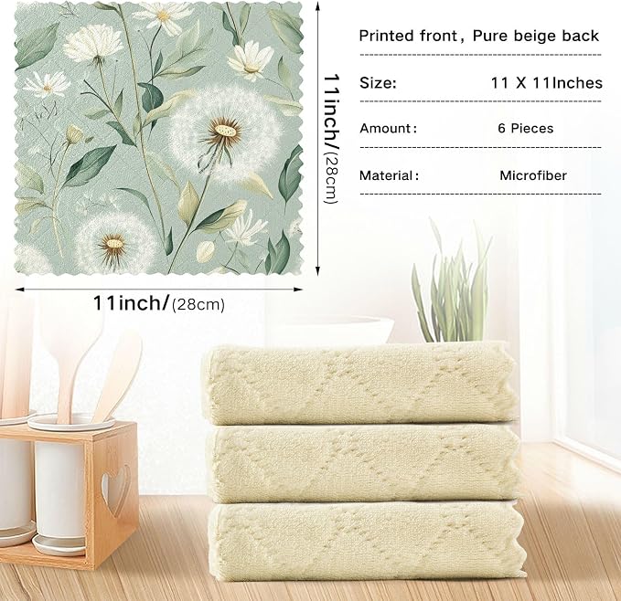 Sage Green Dandelion06 Kitchen Towels Dish Cloths Set of 6 Microfiber Cleaning Cloths for Cars Super Absorbent Machine