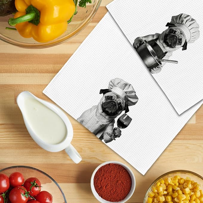 Funny Chef Pug Kitchen Towels Set of 2, Pug Dog Gifts for Women Dish Tea Towels for Kitchen, Dog Mom Lovers Owner Gifts Decorative Hand Towel, 16x24 Inch