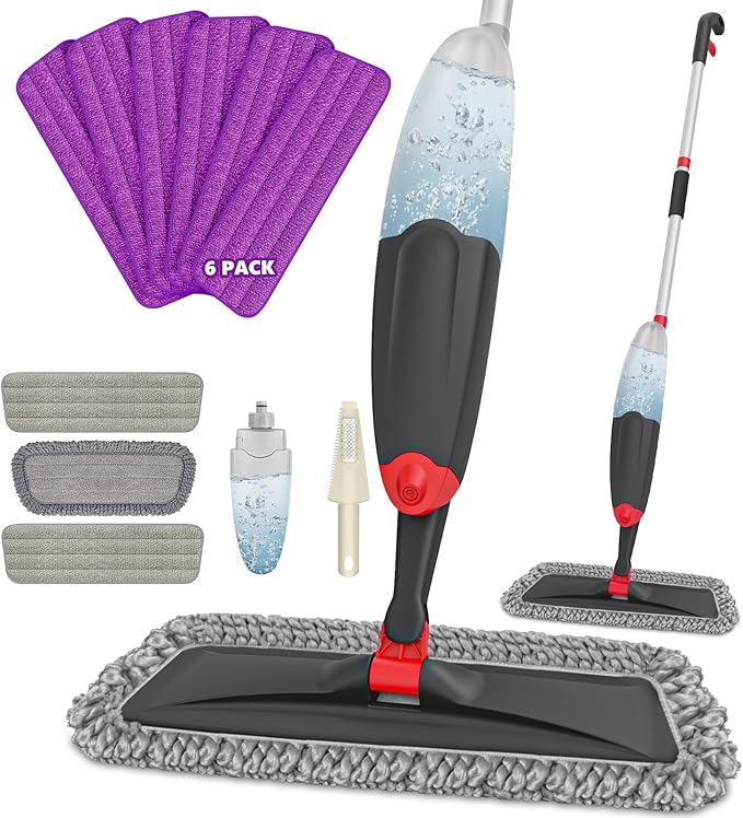 HOMTOYOU Spray Mops with 9 Reusable Pads: Wet Mop for Hardwood Tile Wood Laminate Vinyl - Absorbs Pet Hair Dust