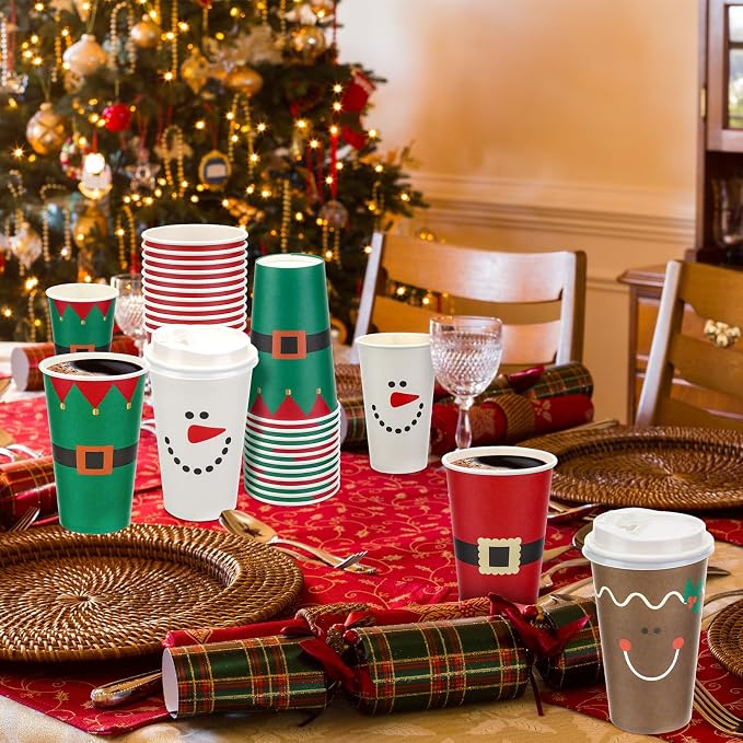 Dandat 16 oz 48 Pcs Christmas Coffee Paper Cups with Lids Disposable Christmas Paper Cups for Hot Cocoa Tea Beverage Holiday Xmas Party Supplies
