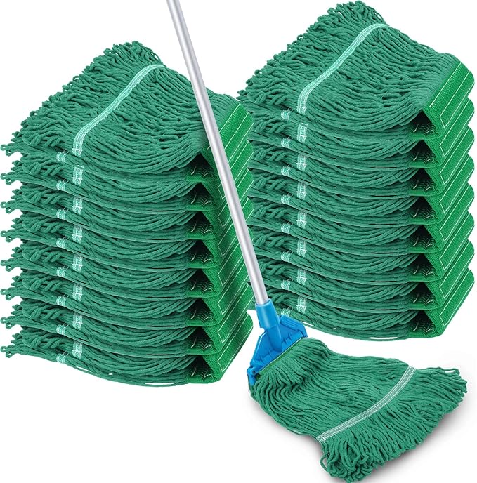 Roshtia 16 Pack Mop Head Replacement Large Heavy Duty Mop Head Commercial Replacement Looped End Cotton String Industrial Washable Mophead Refills for Commercial Industrial Home Cleaning(Green)