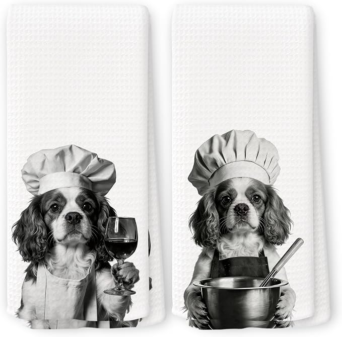 Funny Chef Cavalier King Charles Spaniel Kitchen Towels Set of 2, Dog Charles Spaniel Gifts for Women Dish Tea Towels for Kitchen, Dog Mom Lovers Owner Gifts Decorative Hand Towel, 16x24 Inch