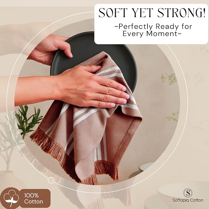 Prewashed Striped Dish Towels 12 Pack, 16x26 Inches, Quick Dry Towels for Kitchen, Durable, Reusable and Absorbent Wash Cloths Set, Washable Fabric, Heavy Duty for Daily Use - Brown
