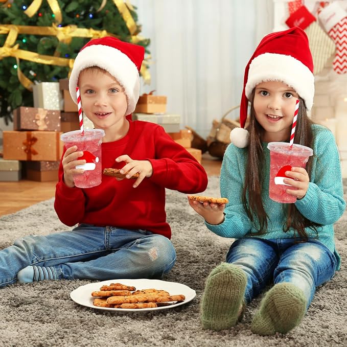 Whaline 50 Pcs 12 Oz Christmas Disposable Plastic Cups with Lids and Straws Red Santa Hat Cold Beverage Drinking Cups for Winter Xmas Birthday Party Supplies