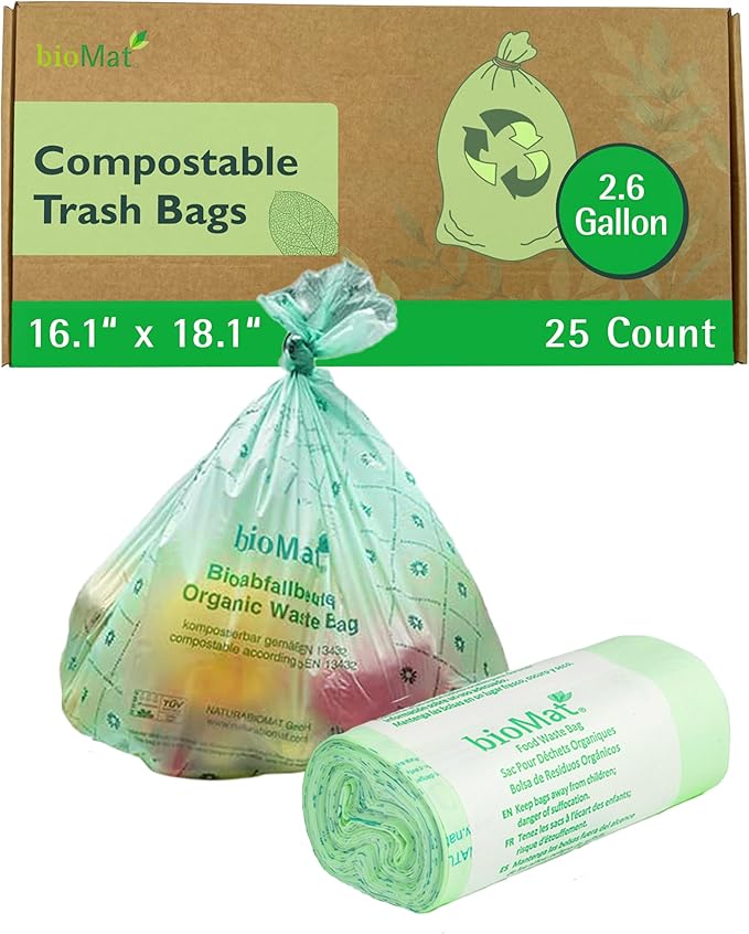 bioMat Compostable Trash Bags 2.6 Gallon, 25 Count, Small flat top Kitchen Food Scrap Bin Liners, BPI, CMA and OK Compost HOME certified, Meets the ASTM D6400 Standard