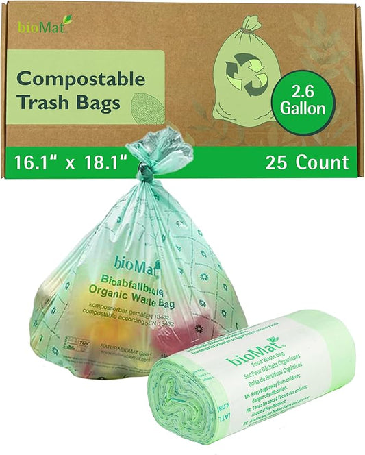 bioMat Compostable Trash Bags 2.6 Gallon, 25 Count, Small flat top Kitchen Food Scrap Bin Liners, BPI, CMA and OK Compost HOME certified, Meets the ASTM D6400 Standard