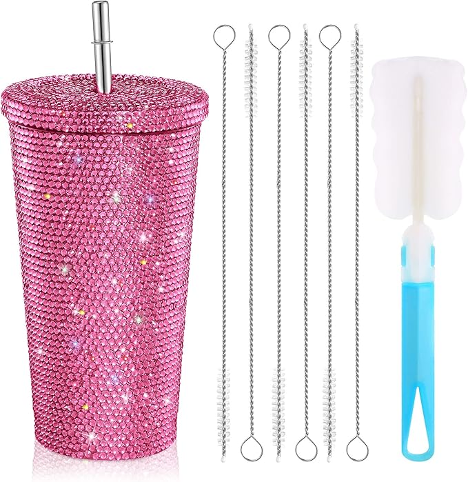 Mimorou Studded Bling Diamond Tumbler Glitter Water Bottle with Lid Stainless Steel Vacuum Thermal Straw Rhinestone Tumbler with 1 Pcs Cup Brush 6 Pcs Straw Brushes for Women(16.9 oz,Pink)