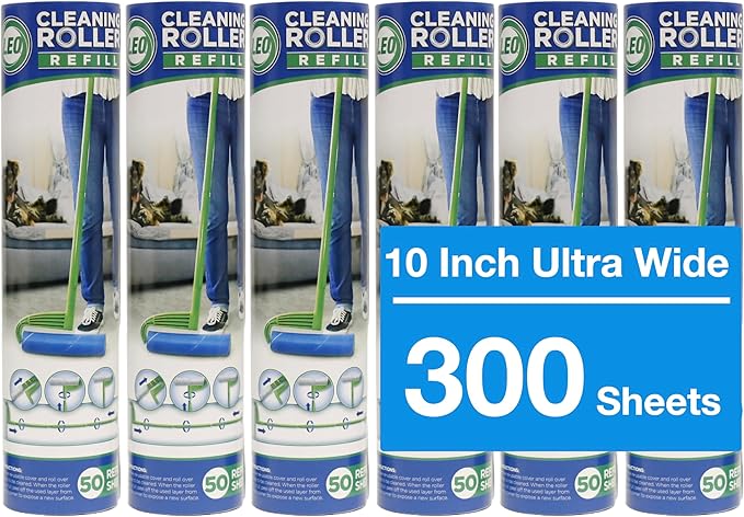 Leo Large 10-Inch Wide Lint Roller Refills 325 Sheets with extendable Handle to 45 inch for Lint Removers Household Cleaning Easily Remove Pet Hair Dust and Debris from Floors Carpets and Furniture