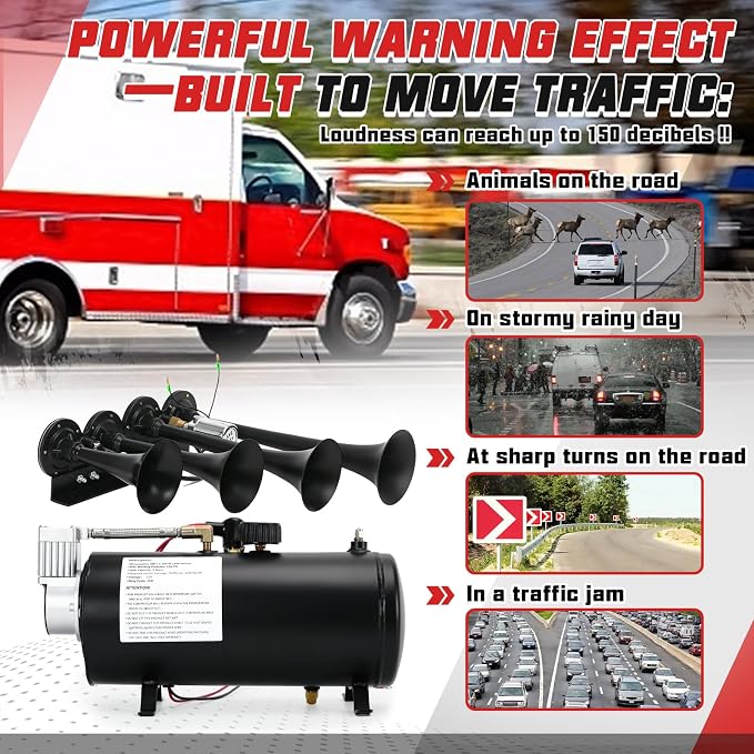 PTNHZ 150DB Train Horns Kit 12V 150PSI Air Compressor Tank Pump w/3 Liter 0.8 Gallon Tank + Super Loud Black 4 Single Row Trumpet For Train Truck Boat Pickup Motorhome