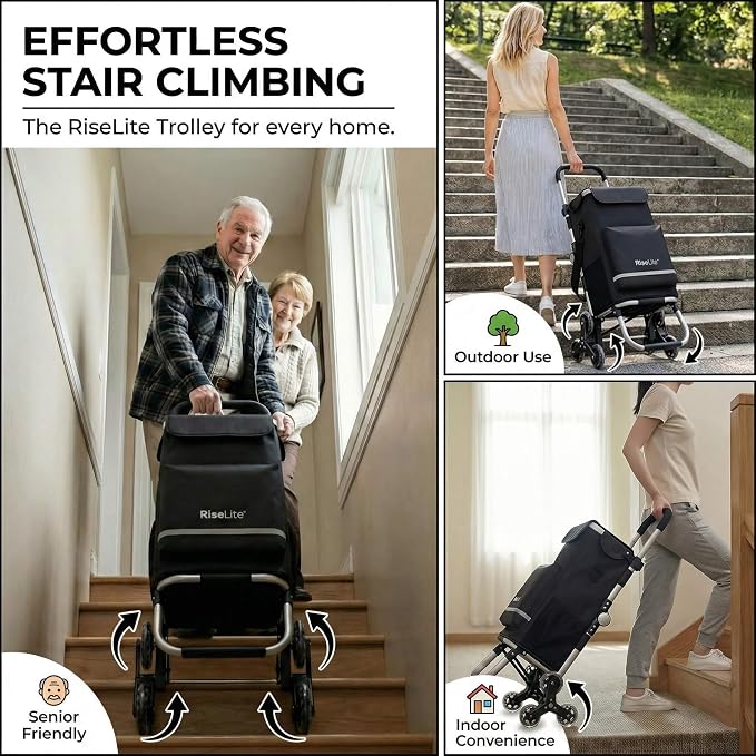 Stair Climbing Cart - Shopping Cart with Wheels for Stairs, Foldable Tri-Wheel Grocery Cart for Seniors & Apartments, 55L Bag with Insulated Cooler, Adjustable Handle, 110 Lbs, Waterproof