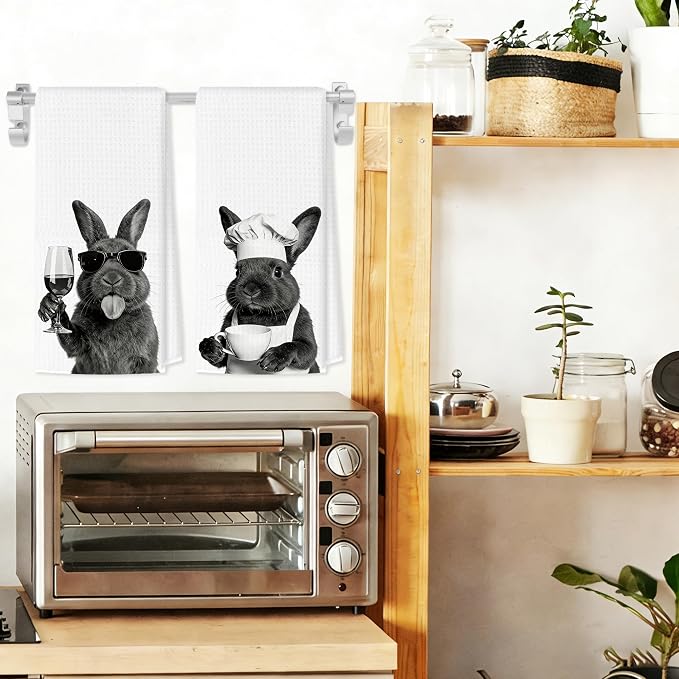 Funny Easter Bunny Wine Coffee Kitchen Towels, Bunny Lovers Gifts Decorative Hand Towels for Kitchen Decor, Rabbit Drink Wine Coffee Dish Tea Towel for Home Bar, 16x24 Inch Set of 2