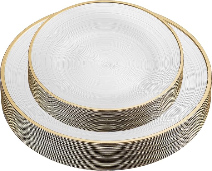 PLASTICPRO 32 Pieces Crystal Design Plastic Plates Combo Pack 7 inch and 10 inch Gold Rim Elegant Disposable Plates, Pearl White