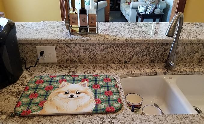 Caroline's Treasures Cream Pomeranian Christmas PoinsettIas Dish Drying Mat Absorbent Dish Drying Mat Pad for Kitchen Counter Dish Drainer Mat for Countertop, 14 x 21", Multicolor