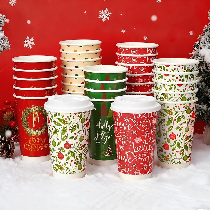 Nihuecne 50 Pack 16 oz Christmas Disposable Coffee Cups with Snap-on Lids - for Hot or Cold Drinks, Paper Coffee Cups for Xmas Holiday Table Decorations Party Supplies, 5 Assorted Christmas Styles