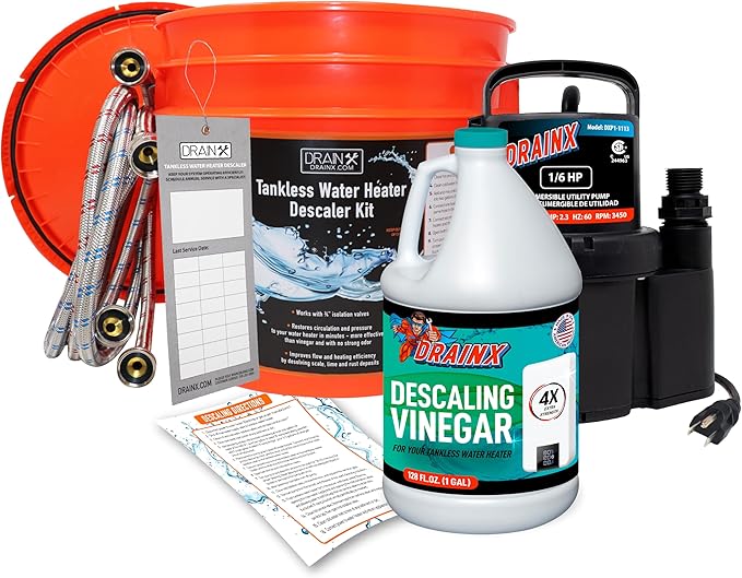 DrainX Tankless Water Heater Flushing Kit with Gallon Concentrated Vinegar, Dilutes to 4 Gallons, Heavy Duty 1/6HP Extra Strength Pump and Hoses.