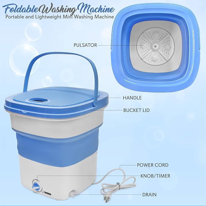 PURE CLEAN Portable Mini Washing Machine Lightweight Collapsible Bucket - Perfect for Camping, Travelling, Apartment, Dorm USA Brand - Pure Clean PUCWM33.5, light blue