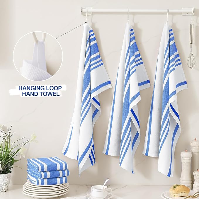 Homaxy Premium Kitchen Towels 18”x 28”, Large Cotton 380 GSM Kitchen Hand Towels, Stripe and Terry Dish Towel, Highly Absorbent Tea Towel Set with Hanging Loop, 3 Pack, Blueberry