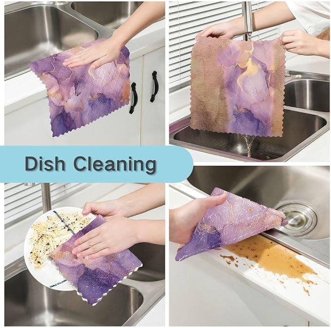 senya Kitchen Dishcloths, Marble Purple Gold Cloth Dish Towels 6 Pack Super Absorbent Dishtowels Reusable Cleaning Cloths