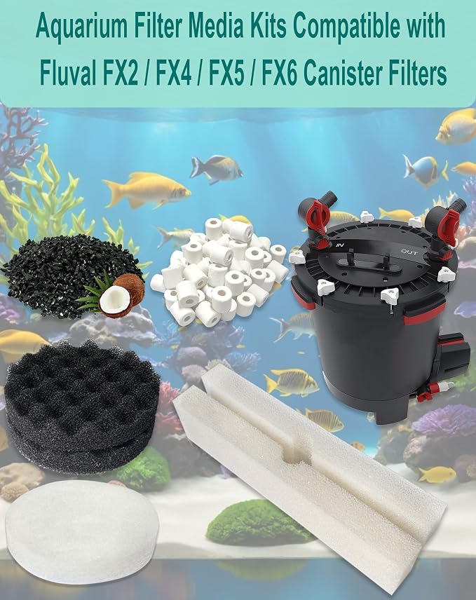 23 PCS Aquarium Media Kits Replacement for Fluval FX2 / FX4 / FX5 / FX6 Canister Filters, Including Bio-Foam Block, Carbon Sponge Filter, Ceramic Ring, Activated Carbon, Silicone Lubricant, Mesh Bag