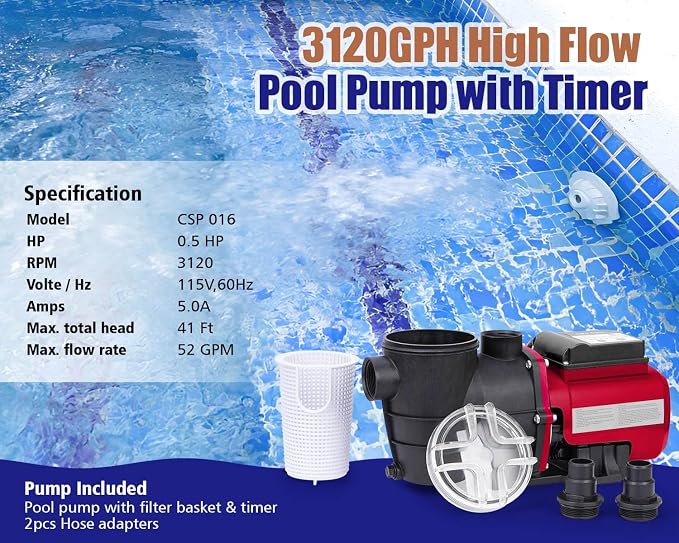 CIPU 1/2 HP Pool Pump with Timer, 3120 GPH Above Ground Pool Pump with Filter Basket and Hose Adapters, 115V Self-Priming Pool Filter Pump Replacement for Sand Filter Systems