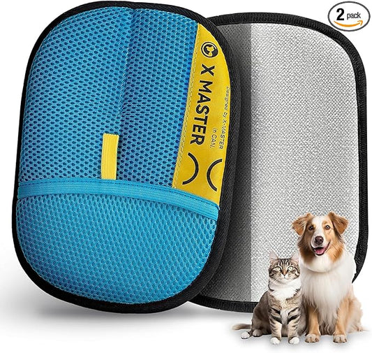 2 Pack Pet Hair Removal Gloves for Cats & Dogs – Premium Mesh & Brush Fabric, Static + Physical Grooming Glove, Washable Reusable Fur Remover for Clothing, Couch, Carpet, Car (Blue)
