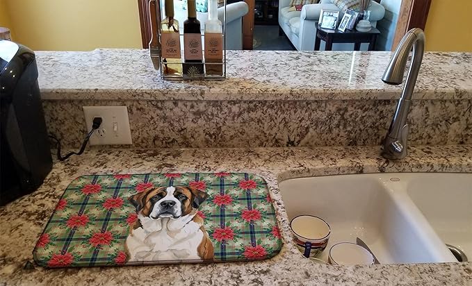 Caroline's Treasures Brindle and White Saint Bernard Christmas PoinsettIas Dish Drying Mat Absorbent Dish Drying Mat Pad for Kitchen Counter Dish Drainer Mat for Countertop, 14 x 21", Multicolor