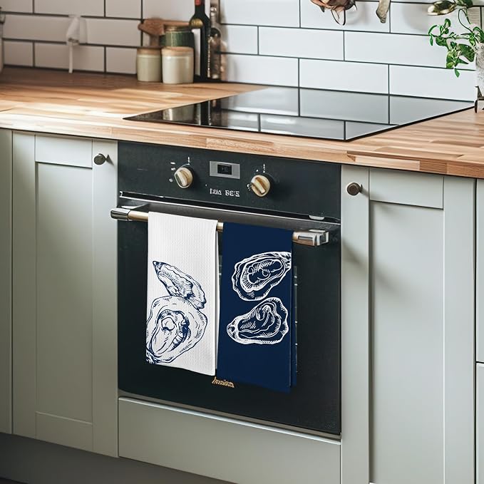 Coastal Oyster Beach Decor Dish Hand Tea Towels for Bathroom Kitchen, Oyster Shell Ocean Beachy Bathroom Decor Gifts, Navy Blue Nautical Summer Kitchen Towels and Dishcloths Sets of 2,16x24in